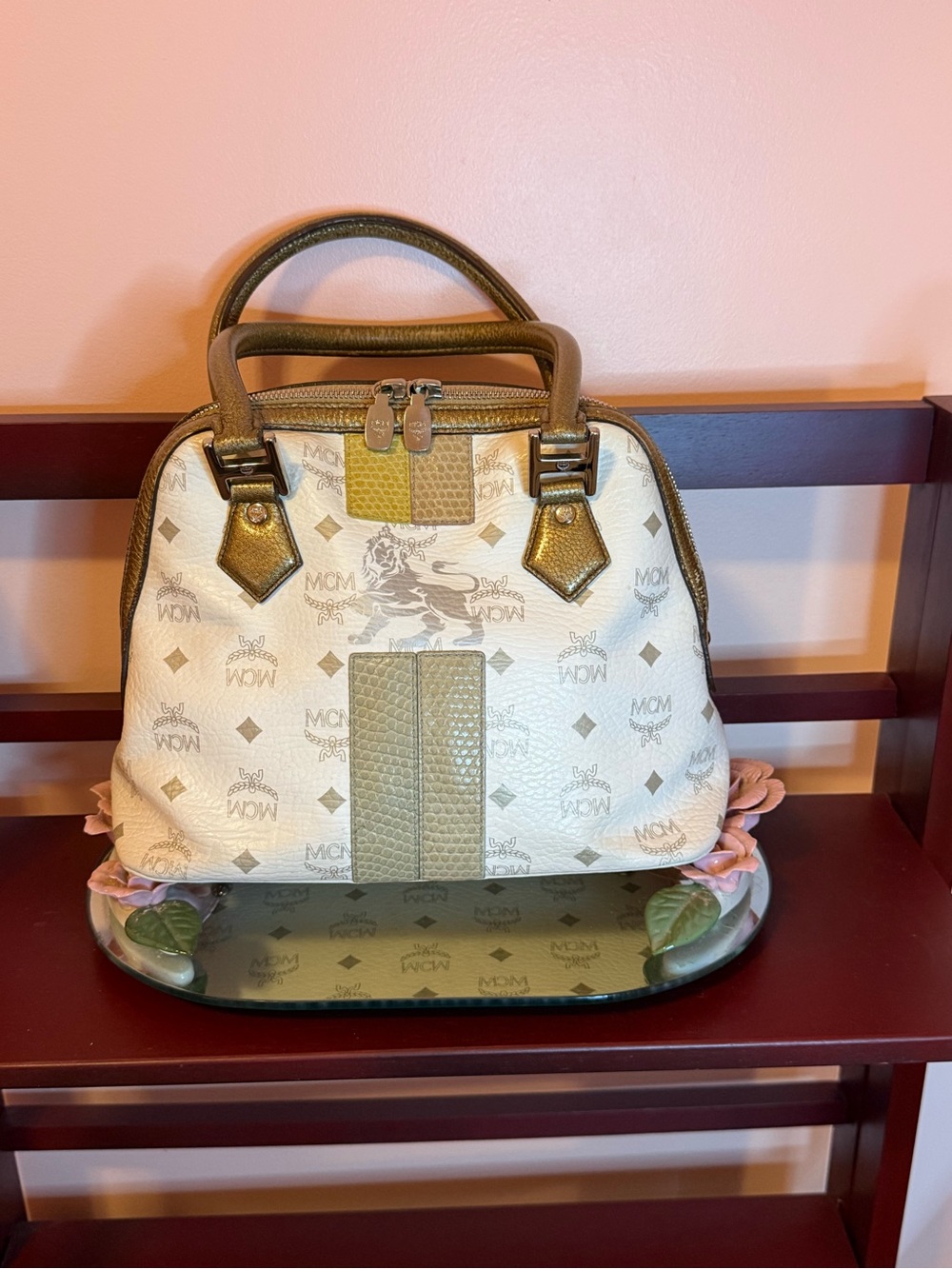 MCM Cream & Gold Top-Handle Satchel